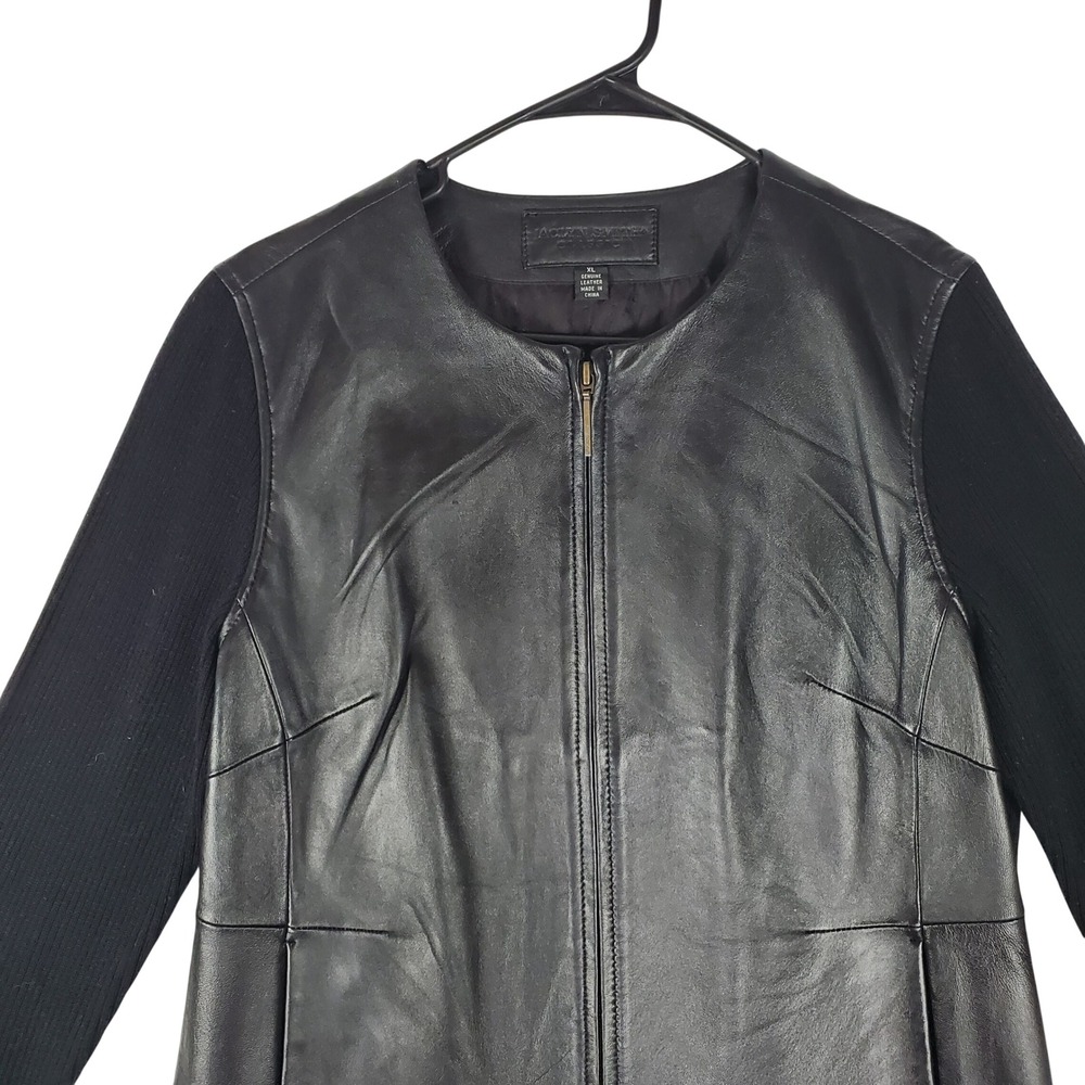 Jaclyn Smith Classic Black Leather Mixed Media Knit Zip Jacket Womens XL